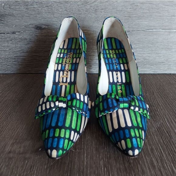 Vintage 1950's Herbert Levine Blue, Green & White Bow Pointy Pumps 7.5AA - Picture 2 of 10